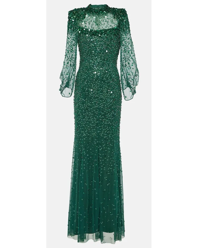 Jenny Packham Abito lungo in tulle con paillettes Verde