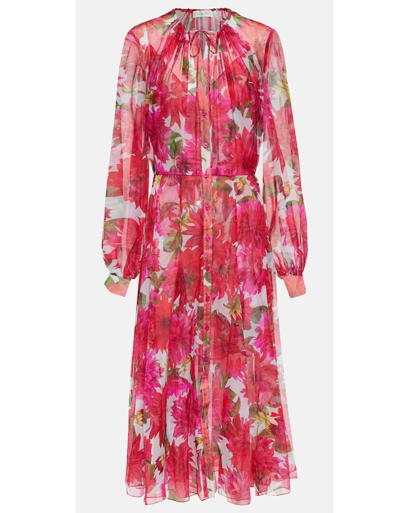 Oscar de la Renta Abito midi in chiffon di seta con stampa Rosso