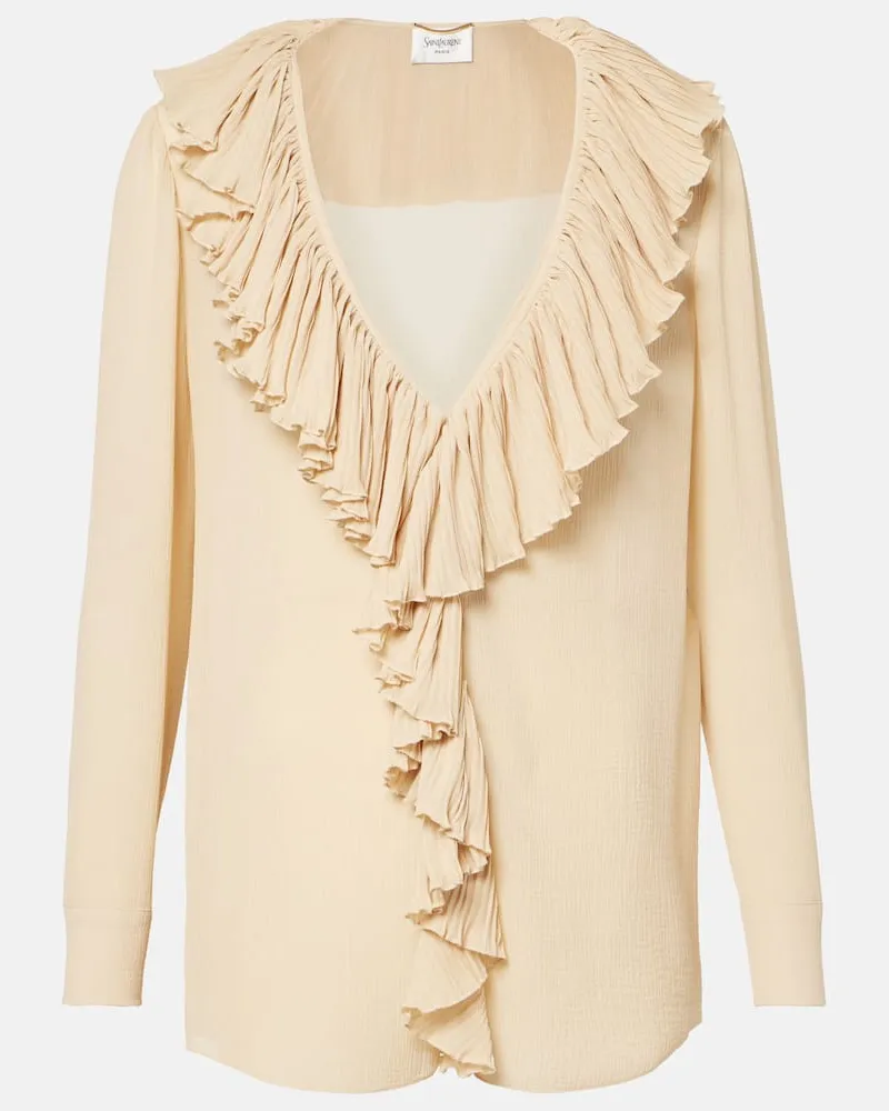 Saint Laurent Blusa in seta con volant Bianco