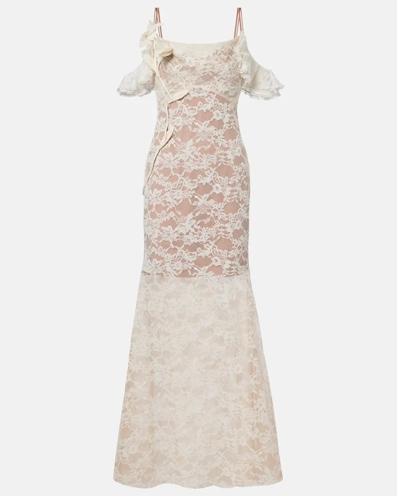 Self-Portrait Abito lungo in pizzo con applicazioni floreali Bianco