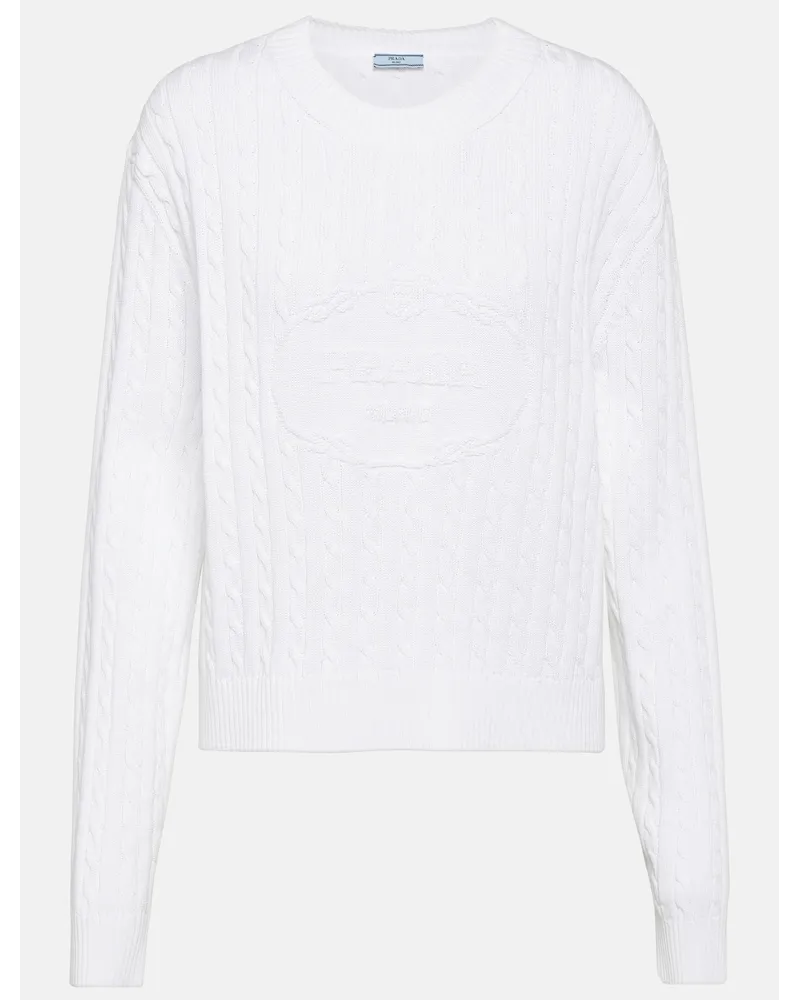 Prada Pullover in cotone a trecce con logo Bianco