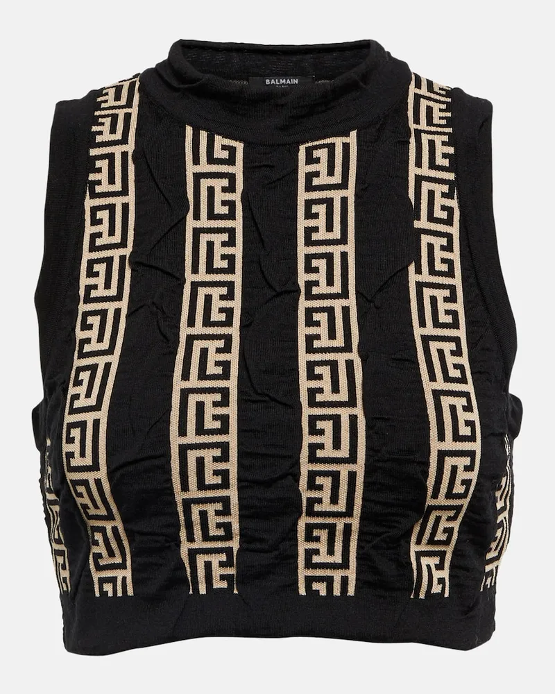 Balmain Top cropped in misto lana con monogramma Multicolore