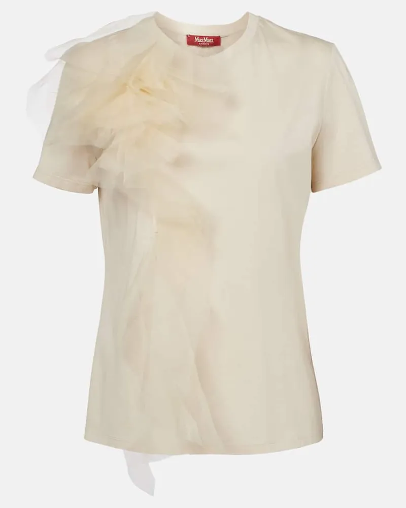 Max Mara T-shirt in cotone e tulle con volant Beige