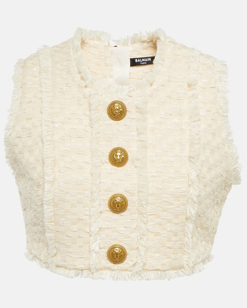 Balmain Top cropped in tweed di misto cotone Bianco