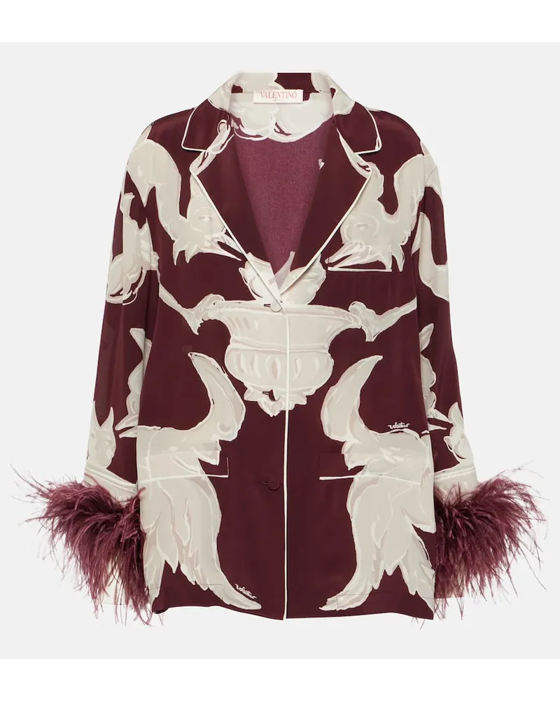 Valentino Garavani Blusa in crÃªpe de chine di seta con piume Rosso