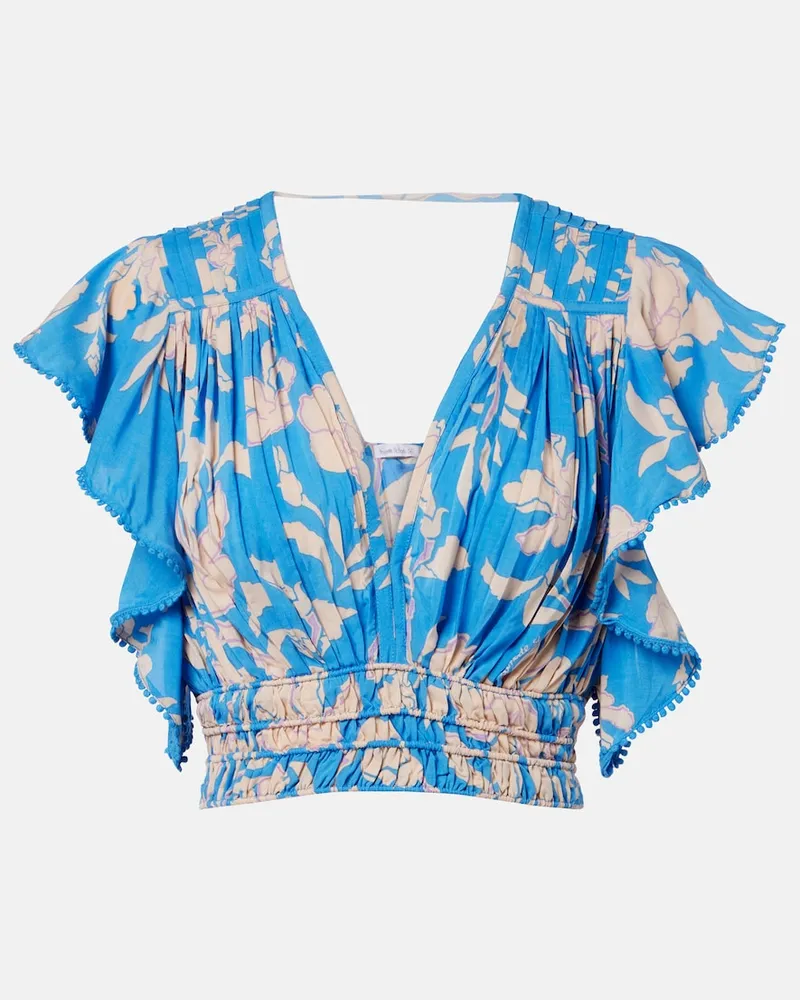 Poupette St Barth Top cropped con stampa floreale e perle Blu