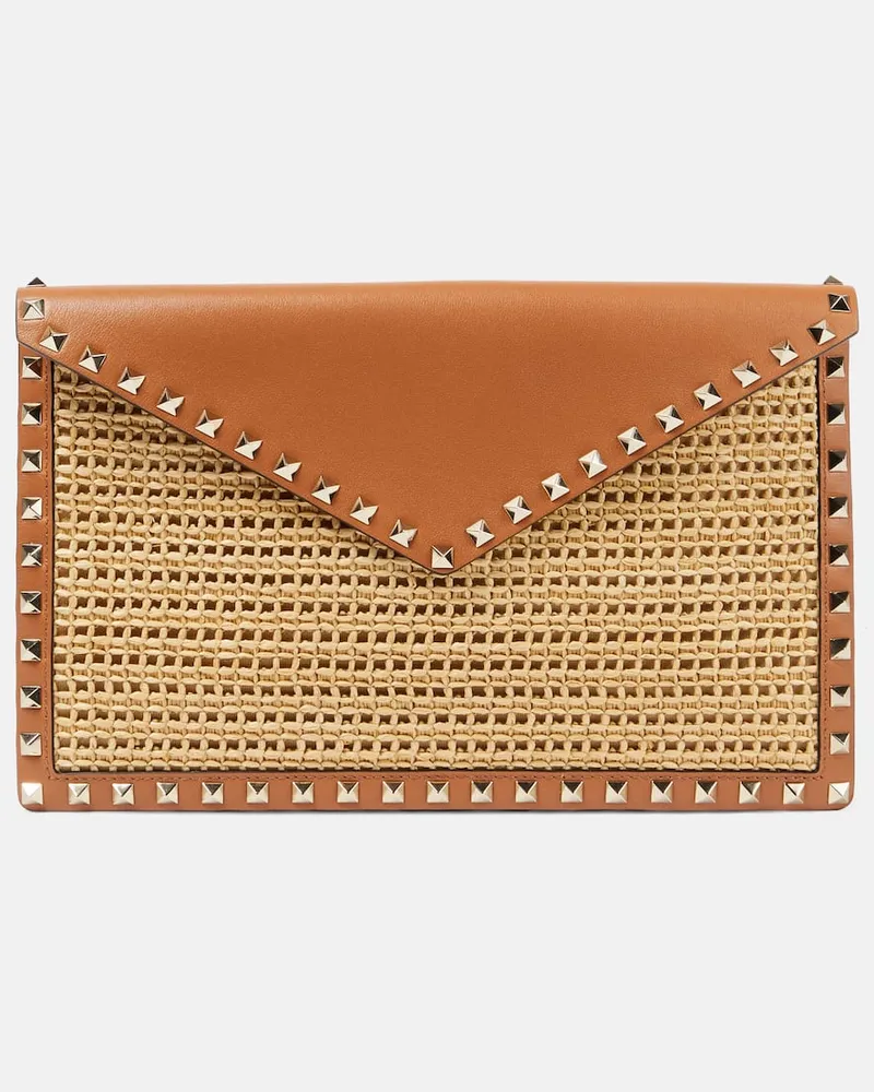 Valentino Garavani Clutch Rockstud Large in rafia con pelle Marrone