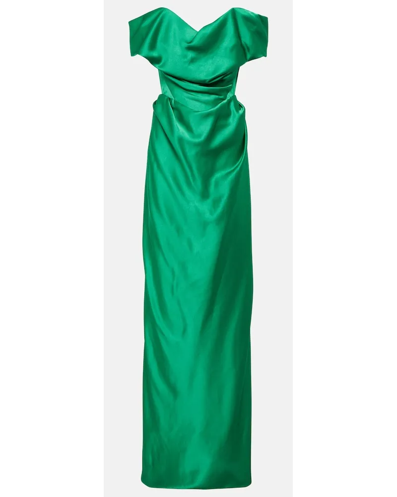 Vivienne Westwood Abito lungo in raso con scollo bardot Verde