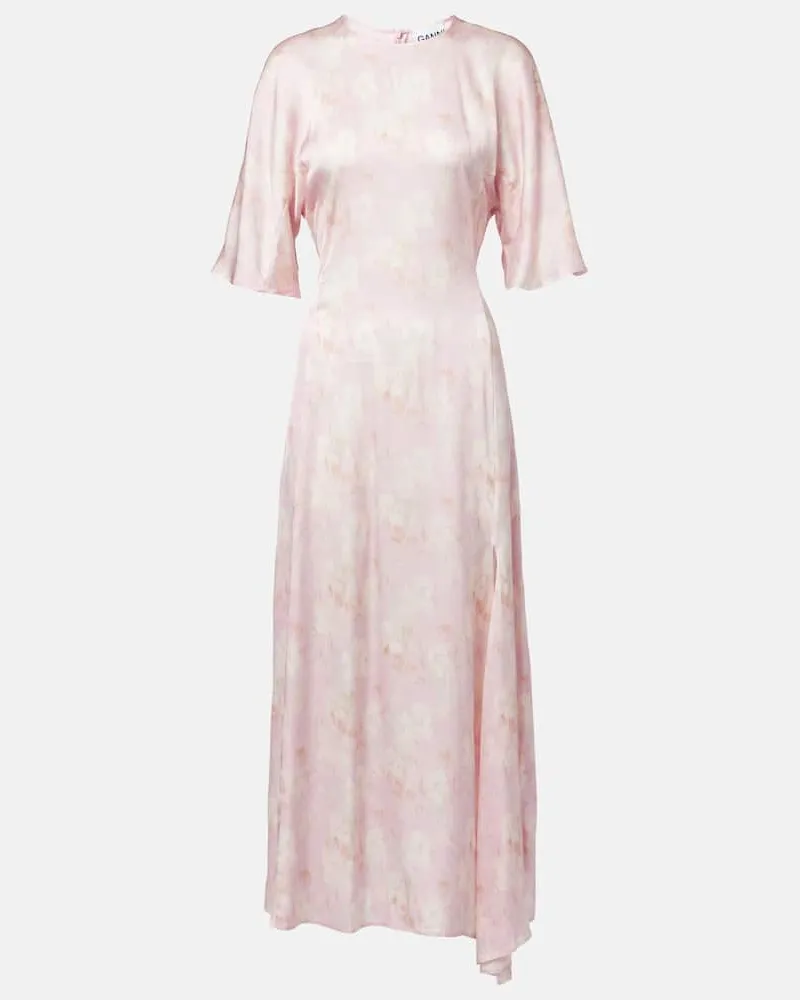 Ganni Abito midi in raso con stampa floreale Rosa