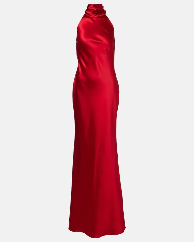 Ralph Lauren Abito lungo in raso con scollo all'americana Rosso