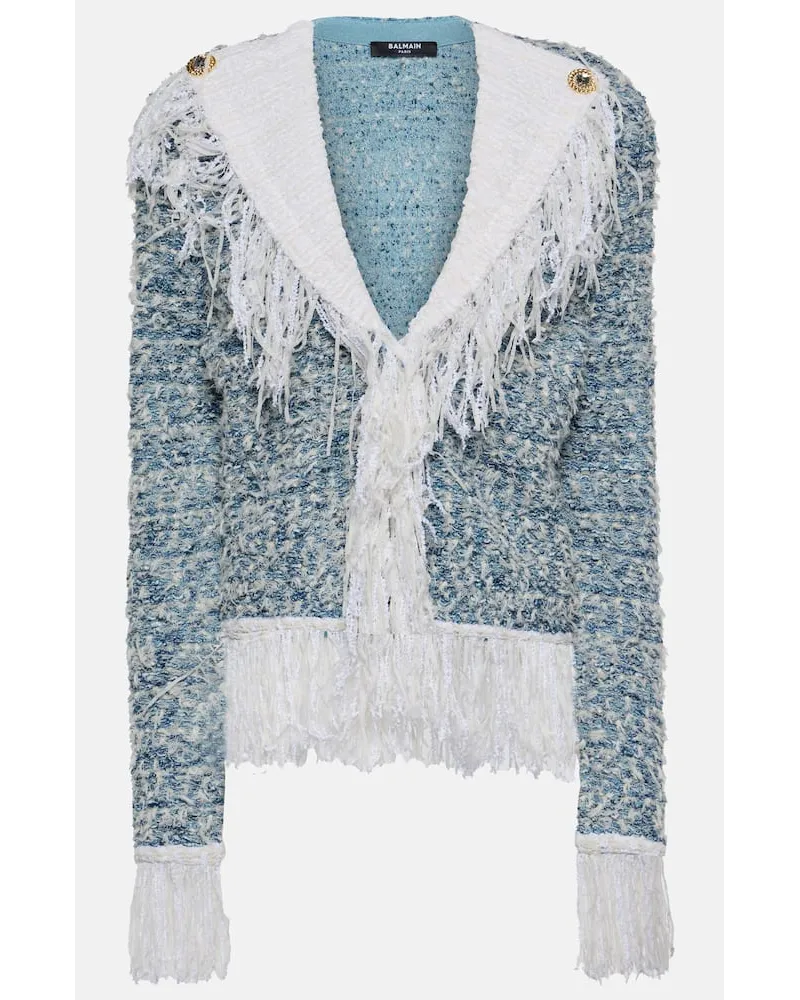 Balmain Giacca in tweed di jeans con frange Blu