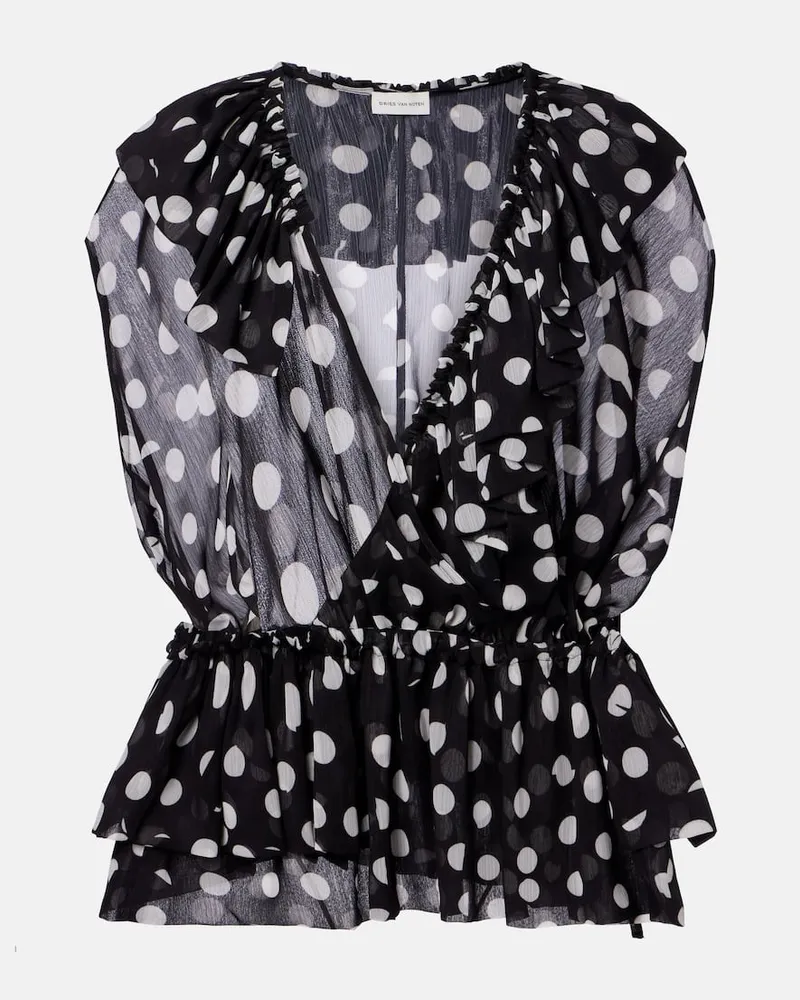 Dries van Noten Top a pois con volant Nero