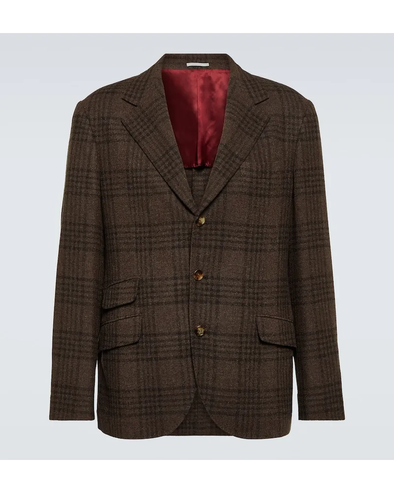 Brunello Cucinelli Blazer in lana, seta e cashmere tartan Marrone