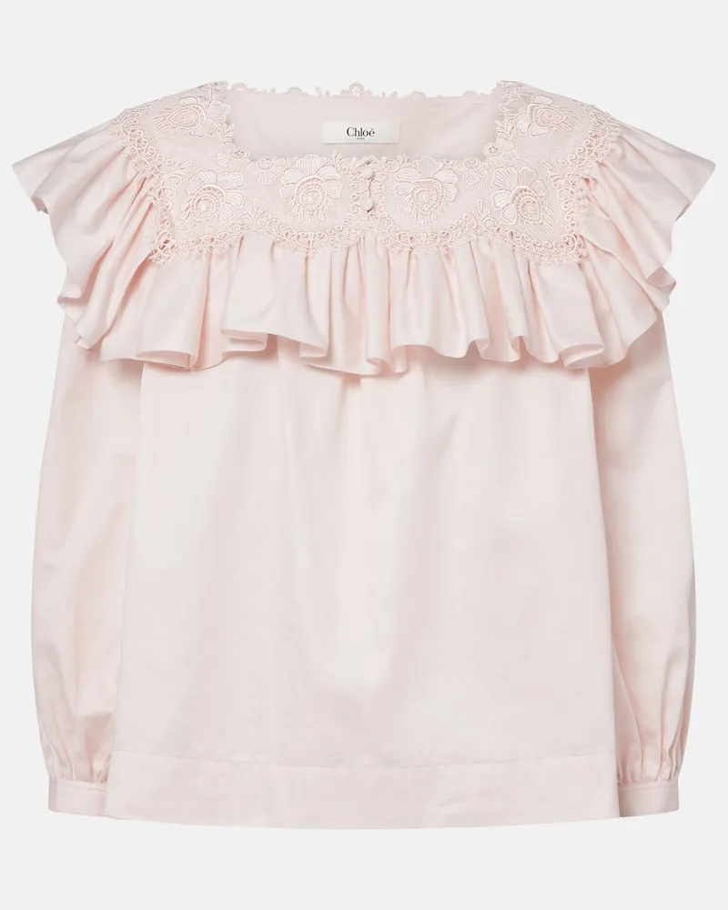 Chloé Chloé Blusa in cotone con volant e pizzo Rosa