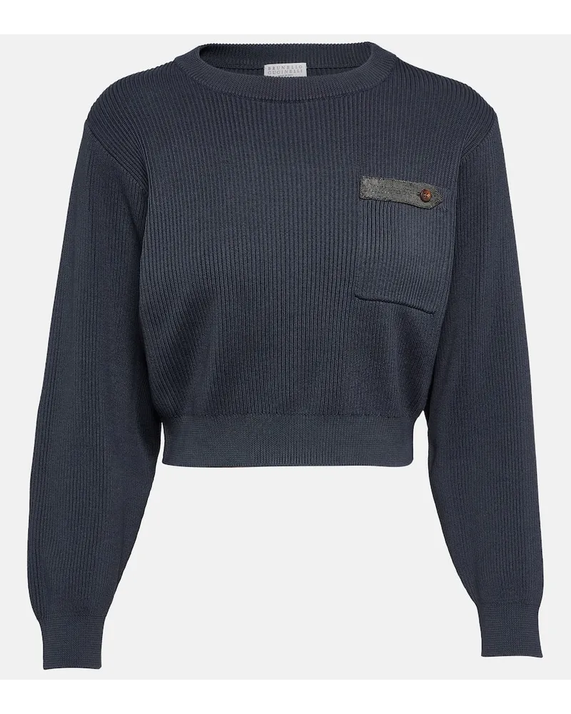 Brunello Cucinelli Pullover cropped di cotone a coste Blu