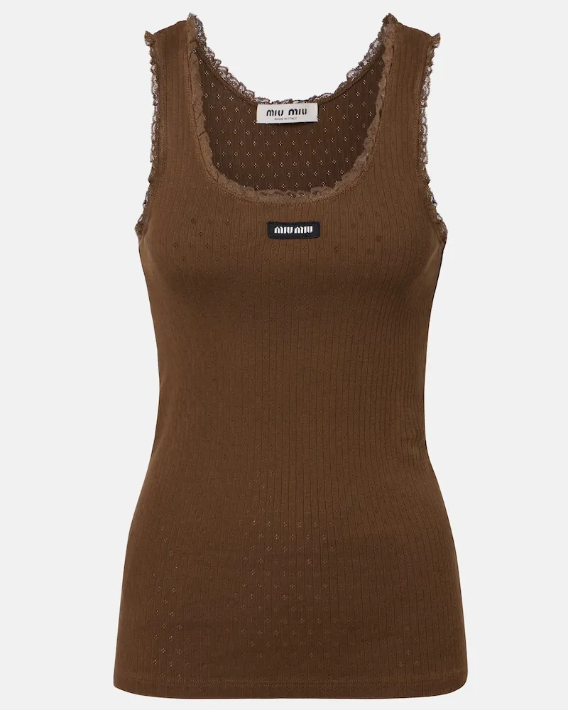 Miu Miu Tank top in cotone pointelle con pizzo Marrone