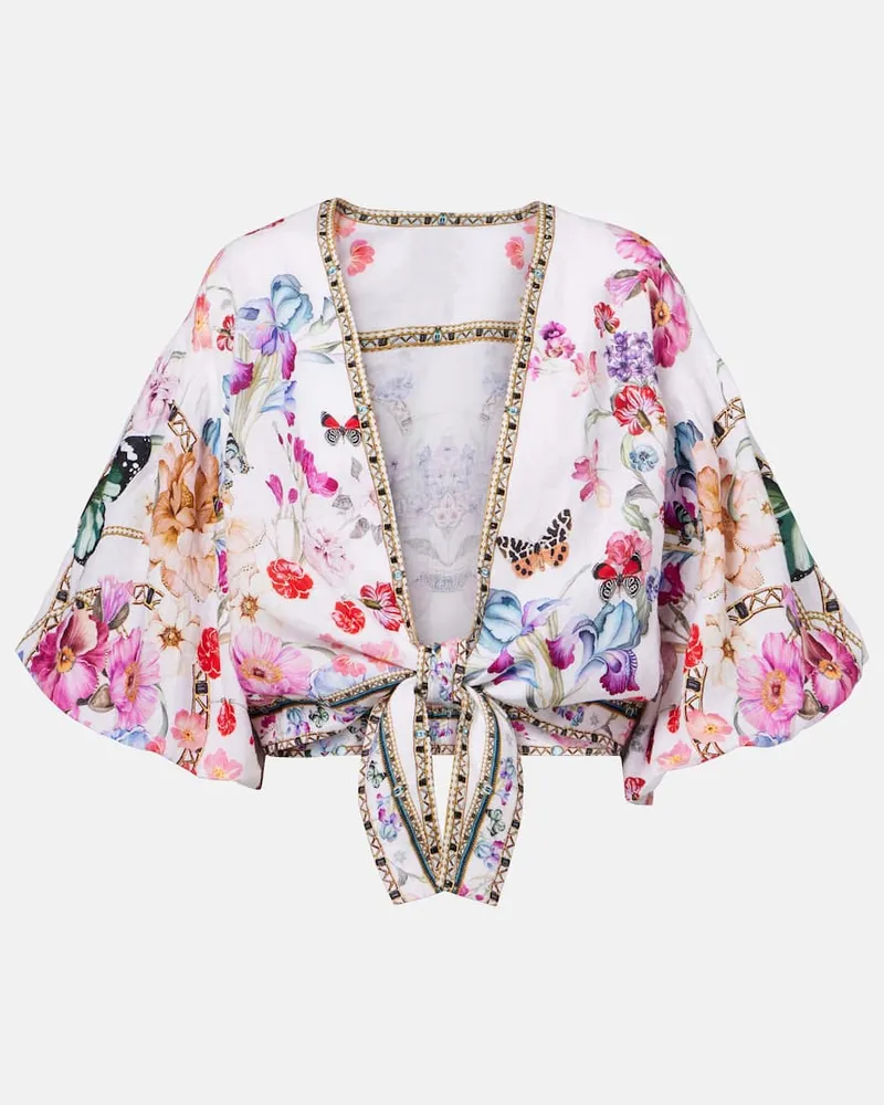 Camilla Top cropped in lino con stampa floreale Multicolore