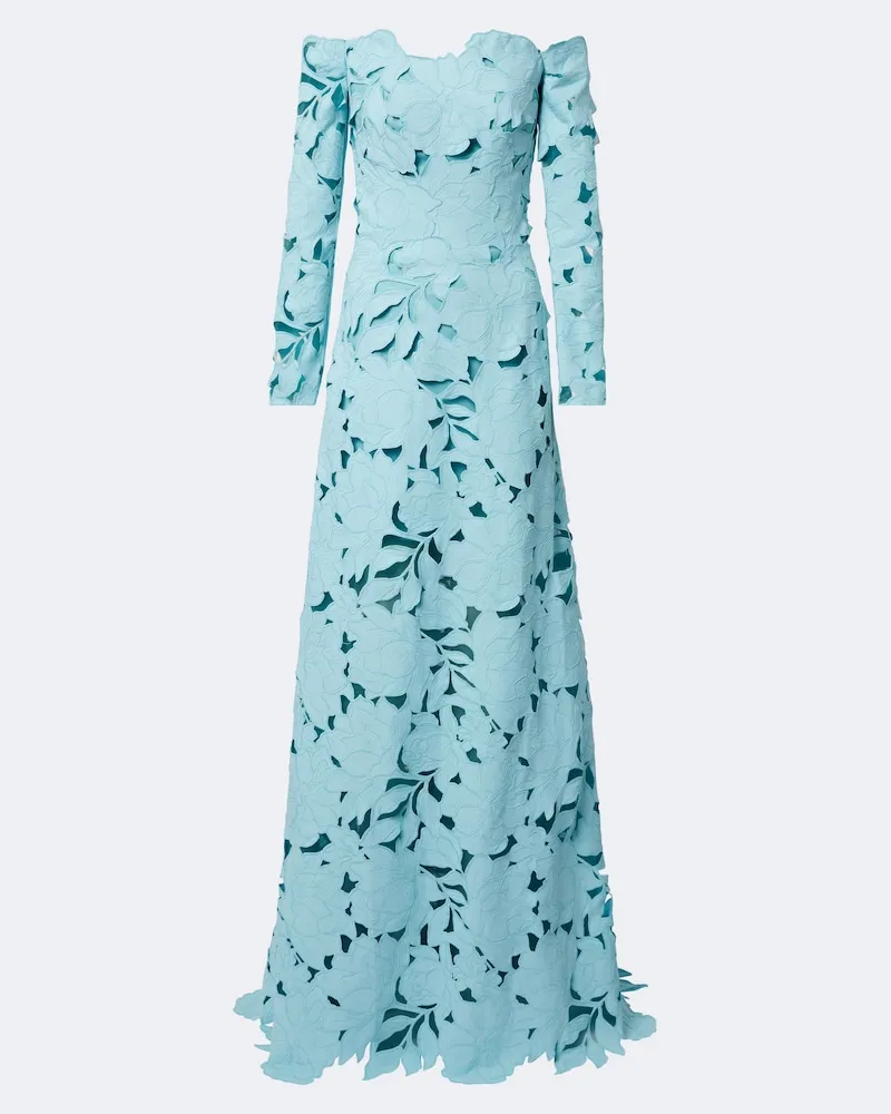 COSTARELLOS Abito lungo in pizzo floreale off-shoulder Blu