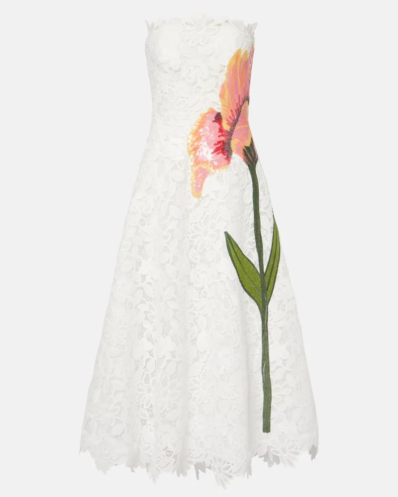 COSTARELLOS Abito midi Mariela in pizzo con paillettes Bianco