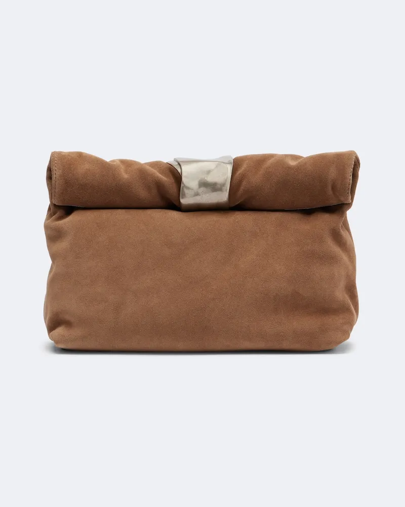 STAUD Clutch Puff Small in suede Marrone