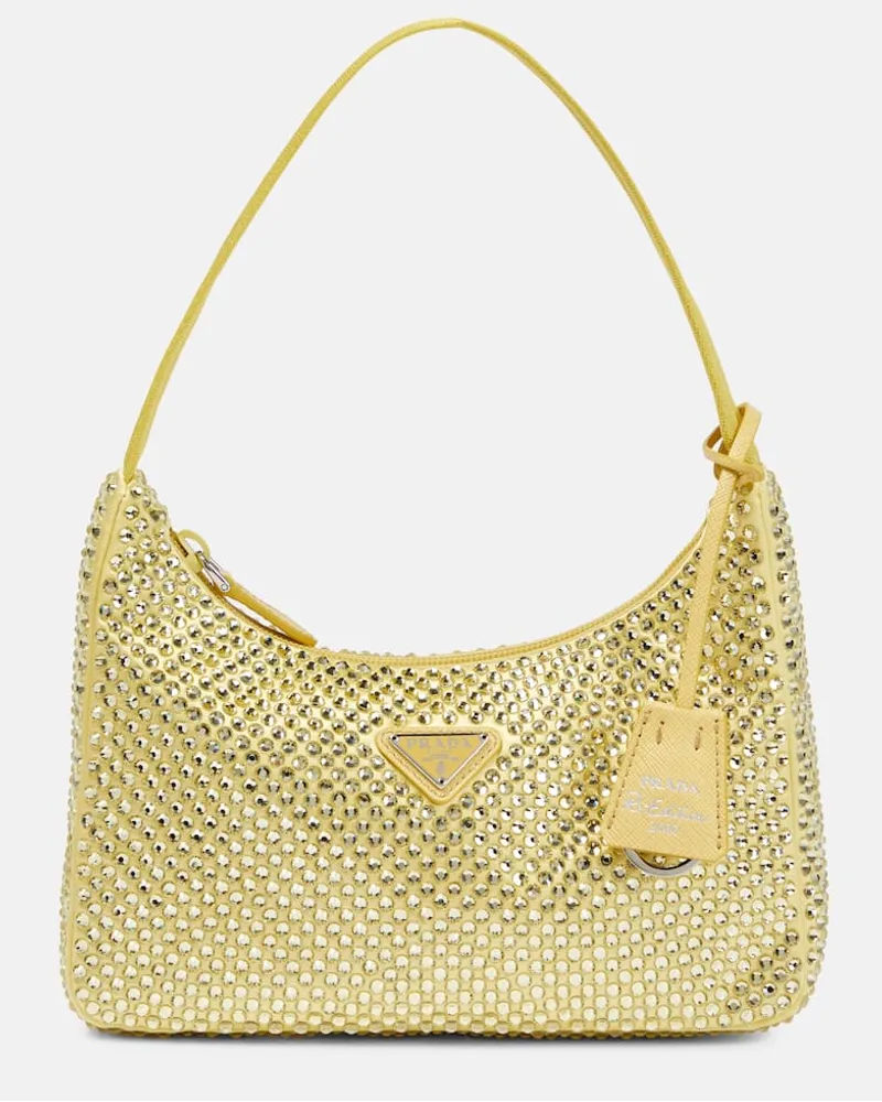 Prada Borsa a spalla Re-Edition Mini con cristalli Giallo