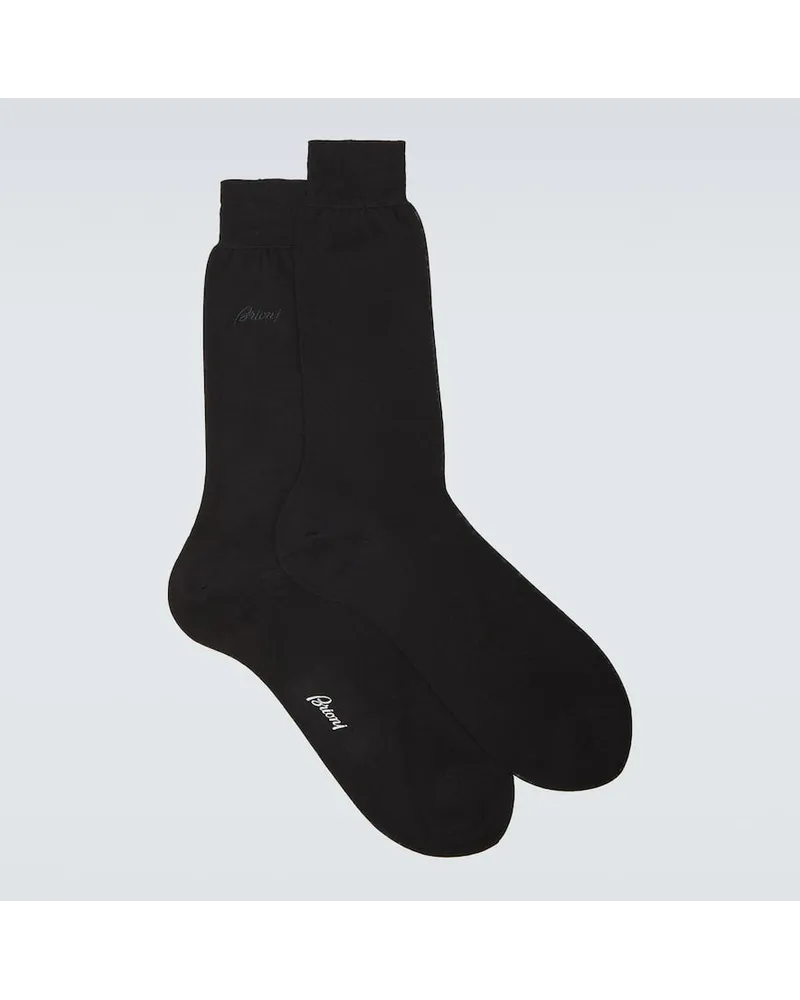 Brioni Calze in cotone a coste con logo Nero