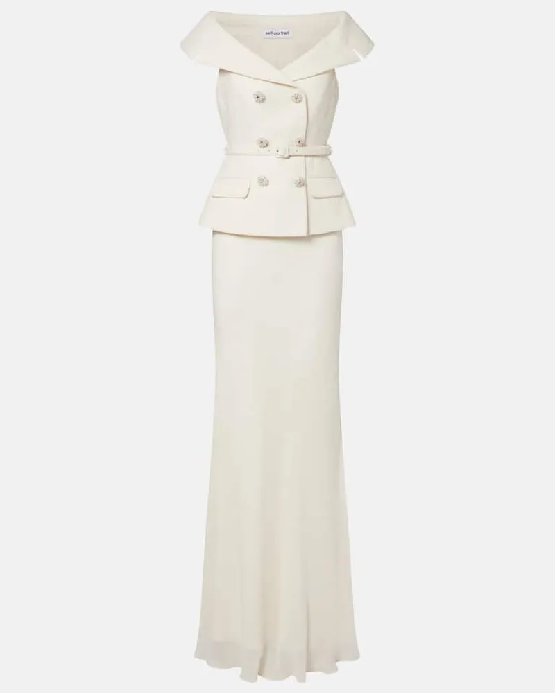 Self-Portrait Abito lungo in bouclÃ© e georgette Bianco