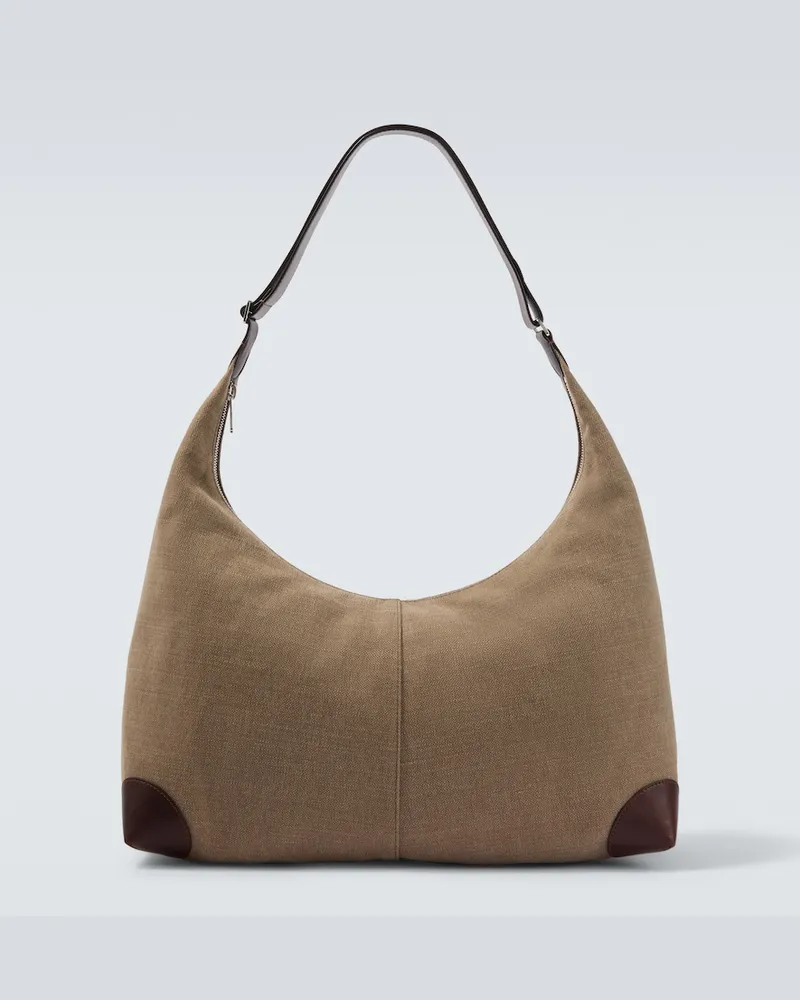 Brunello Cucinelli Borsa a spalla in canvas con pelle Marrone