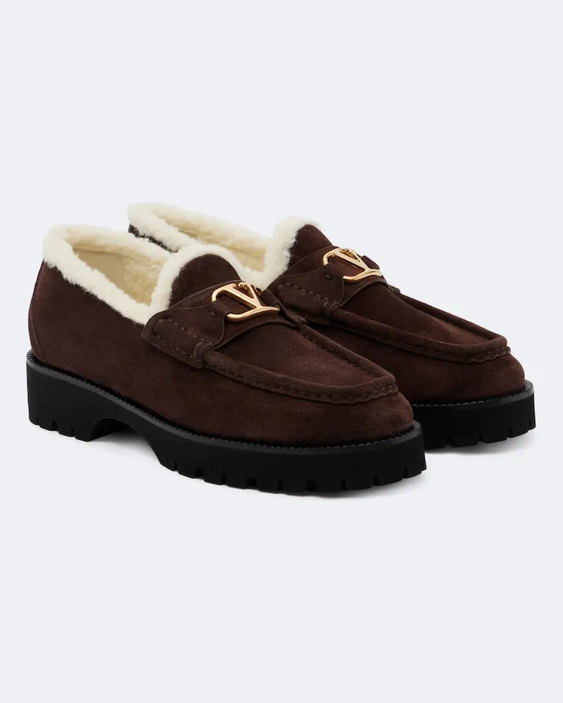 Valentino Garavani Mocassini VLogo in suede con shearling Marrone