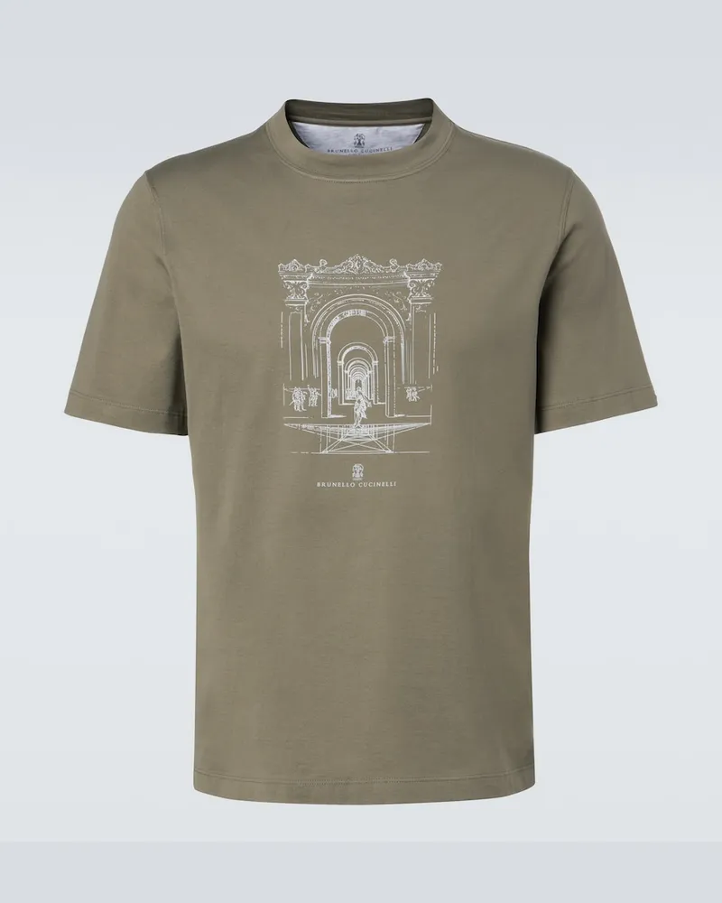 Brunello Cucinelli T-shirt in jersey di cotone con stampa Verde