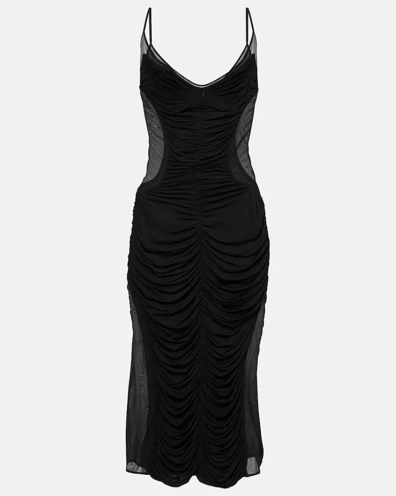 Thierry Mugler Abito midi in mesh con ruches Nero