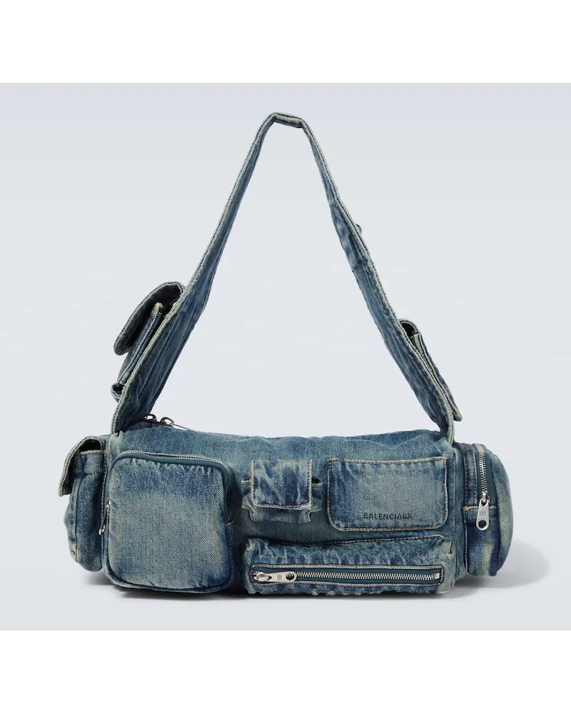 Balenciaga Borsa Superbusy Sling Small in denim Blu