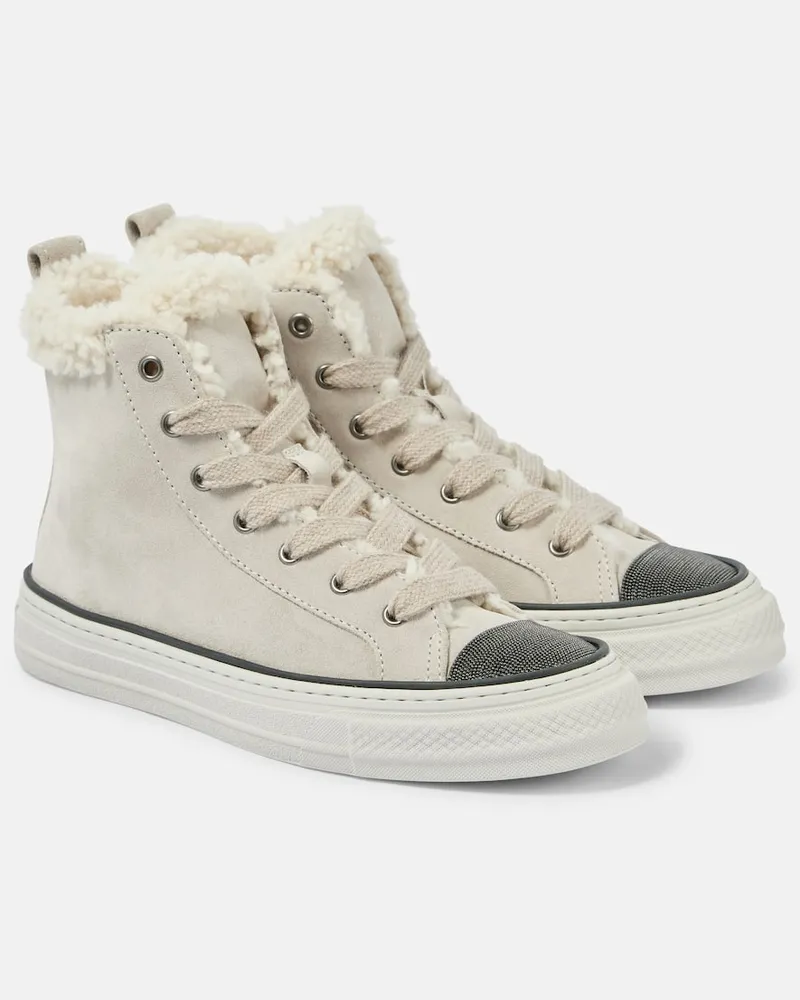 Brunello Cucinelli Sneakers in suede con shearling e monili Beige