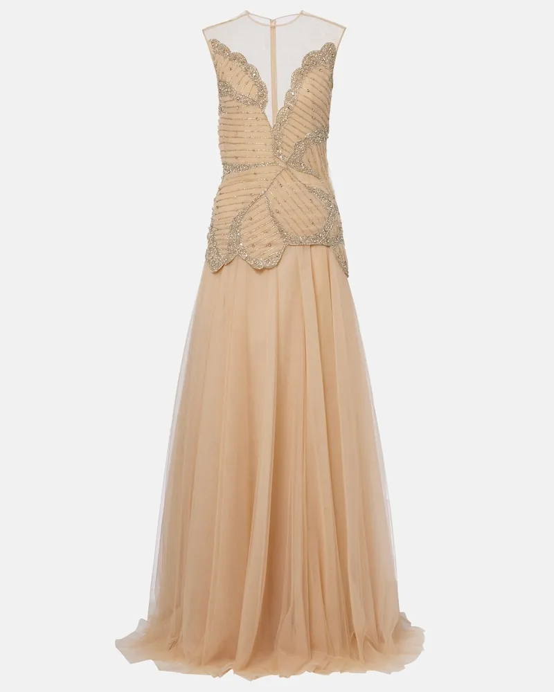 COSTARELLOS Abito lungo Arabella in tulle con cristalli Beige