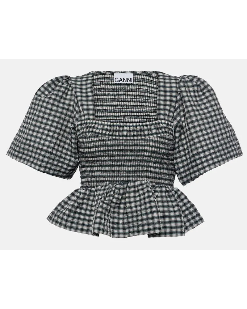 Ganni Top in seersucker a quadri con peplum Nero
