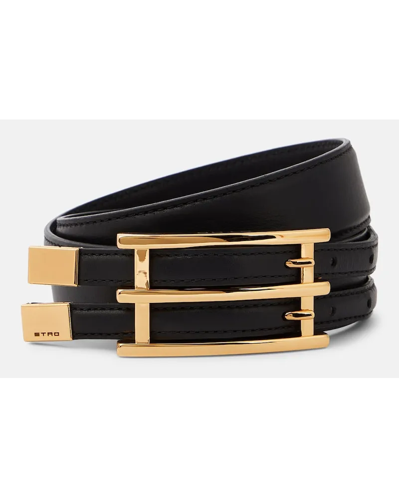 Etro Cintura sottile in pelle Double Buckle Nero