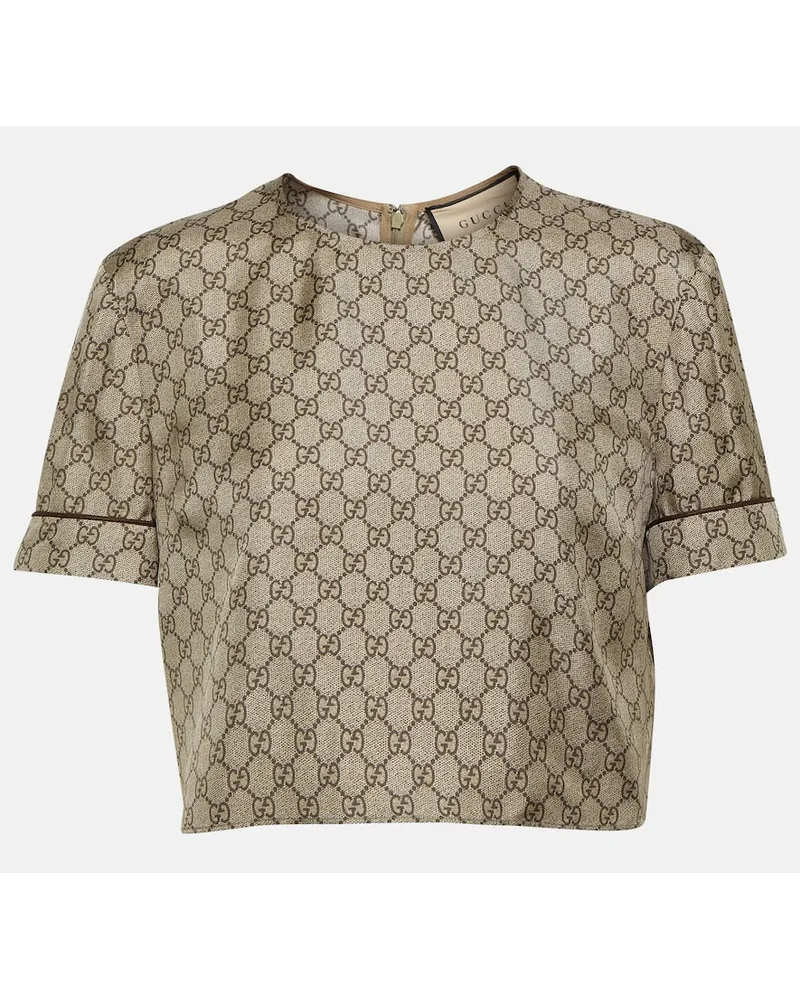 Gucci Top cropped in twill di seta GG Marrone