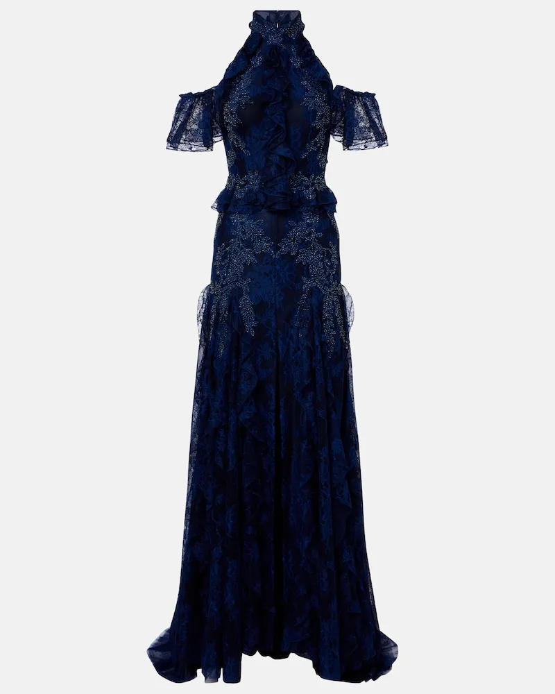 COSTARELLOS Abito lungo in pizzo con scollo all’americana Blu