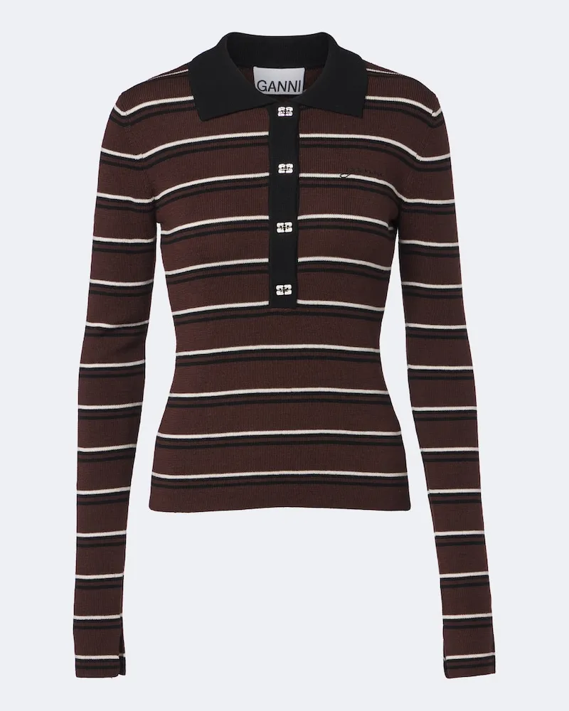 Ganni Pullover polo in lana a righe Marrone