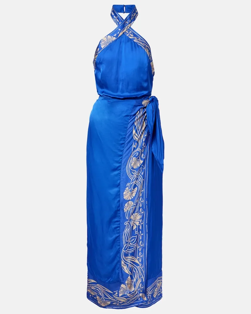 Poupette St Barth Abito midi Hana in raso con stampa Blu