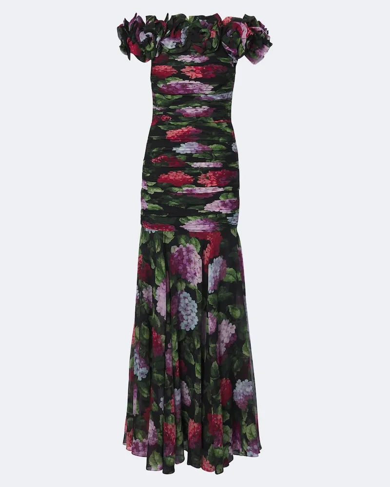 Carolina Herrera New York Abito lungo in seta con applicazioni floreali Nero