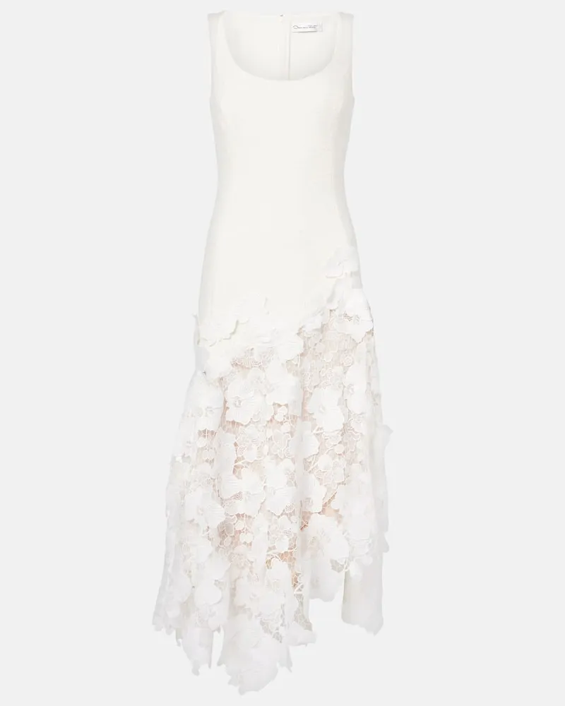 Oscar de la Renta Abito midi in tweed e pizzo guipure Bianco