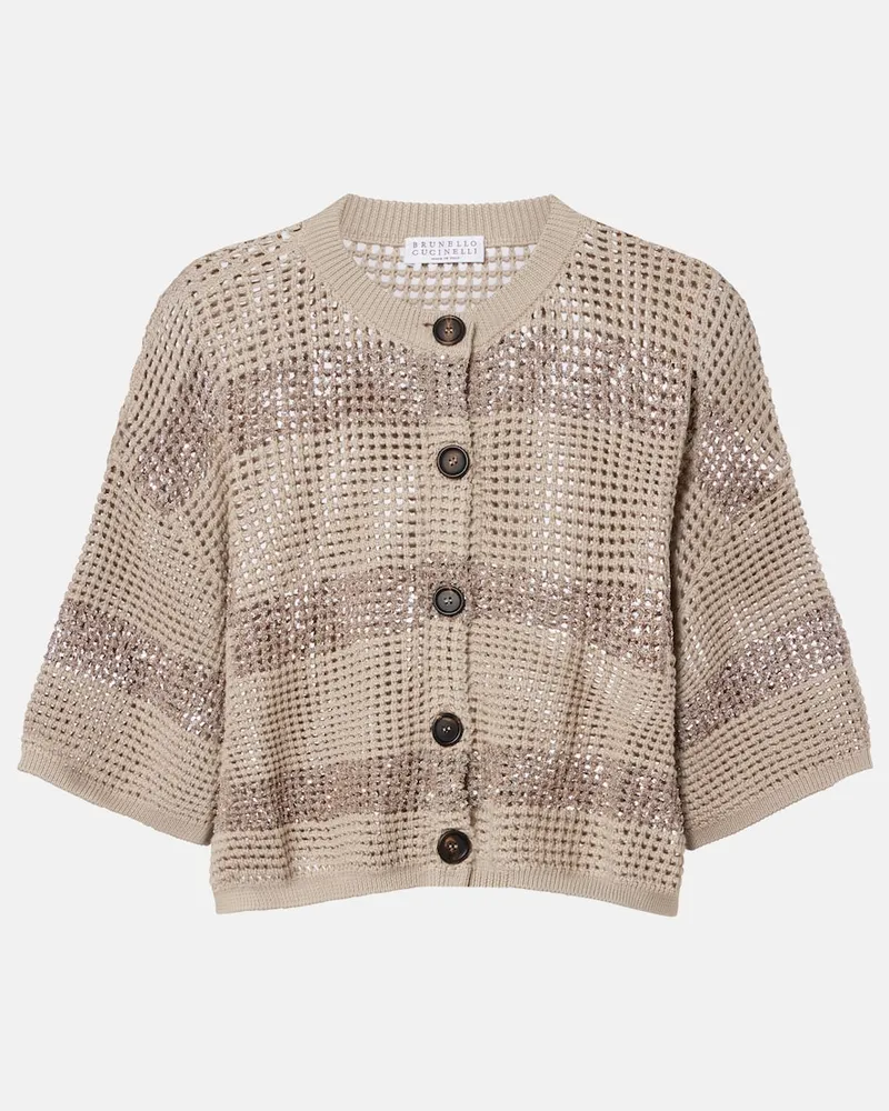 Brunello Cucinelli Cardigan in cotone con paillettes Beige