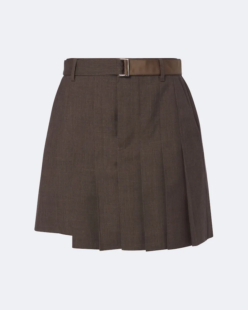 Sacai Skort asimmetrica in lana a pieghe Marrone