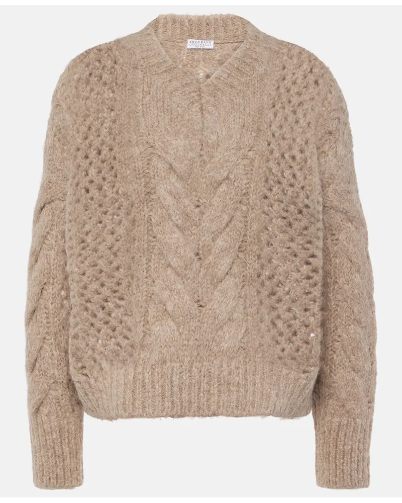 Brunello Cucinelli Pullover in misto cotone a trecce Beige