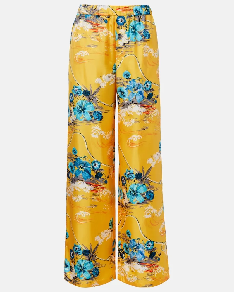 Gucci Pantaloni Palazzo in twill di seta con stampa Giallo