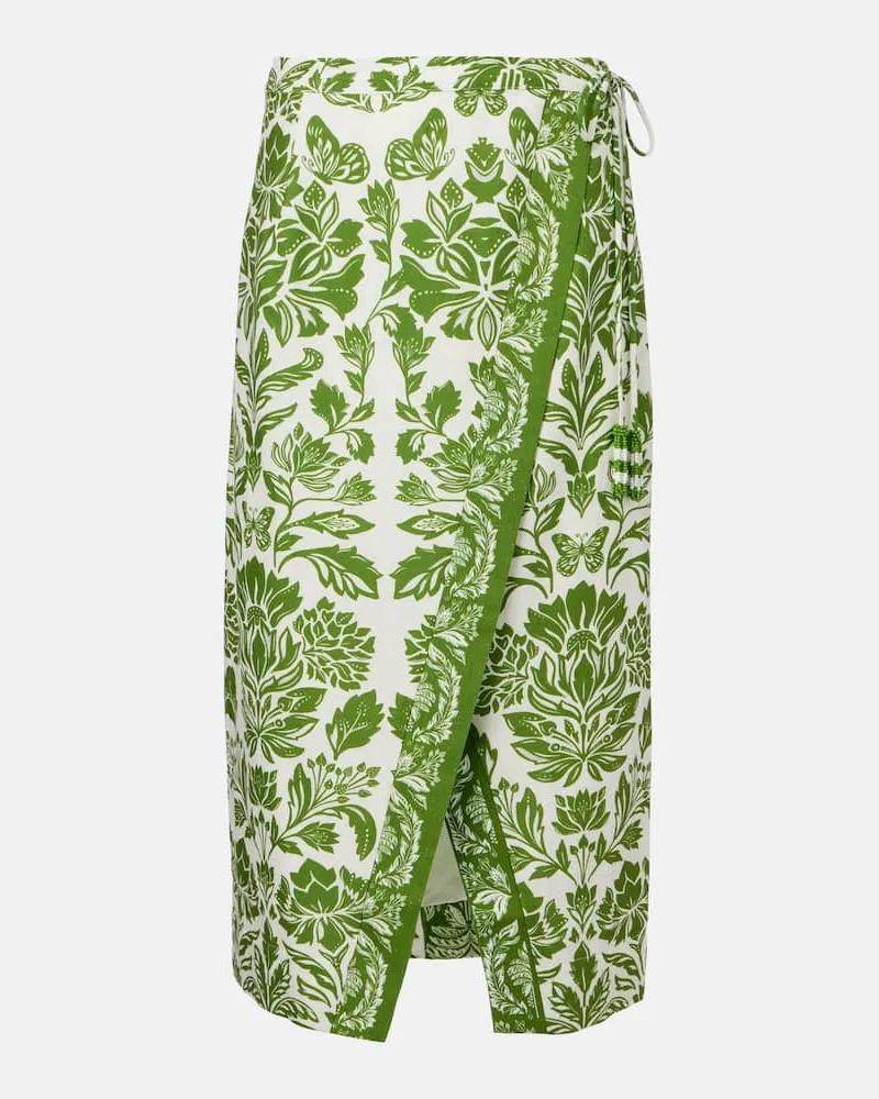 FARM Rio Gonna midi Delicate Tapestry in misto lino Verde