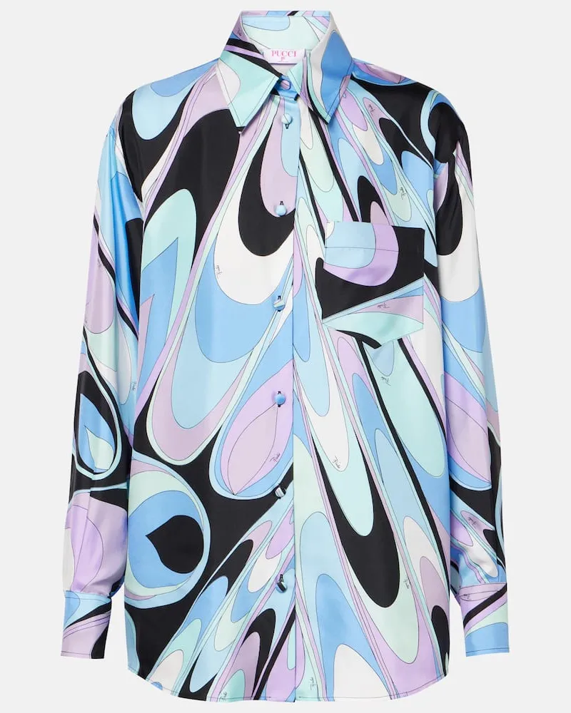 Emilio Pucci Camicia pigiama in twill di seta con stampa Blu