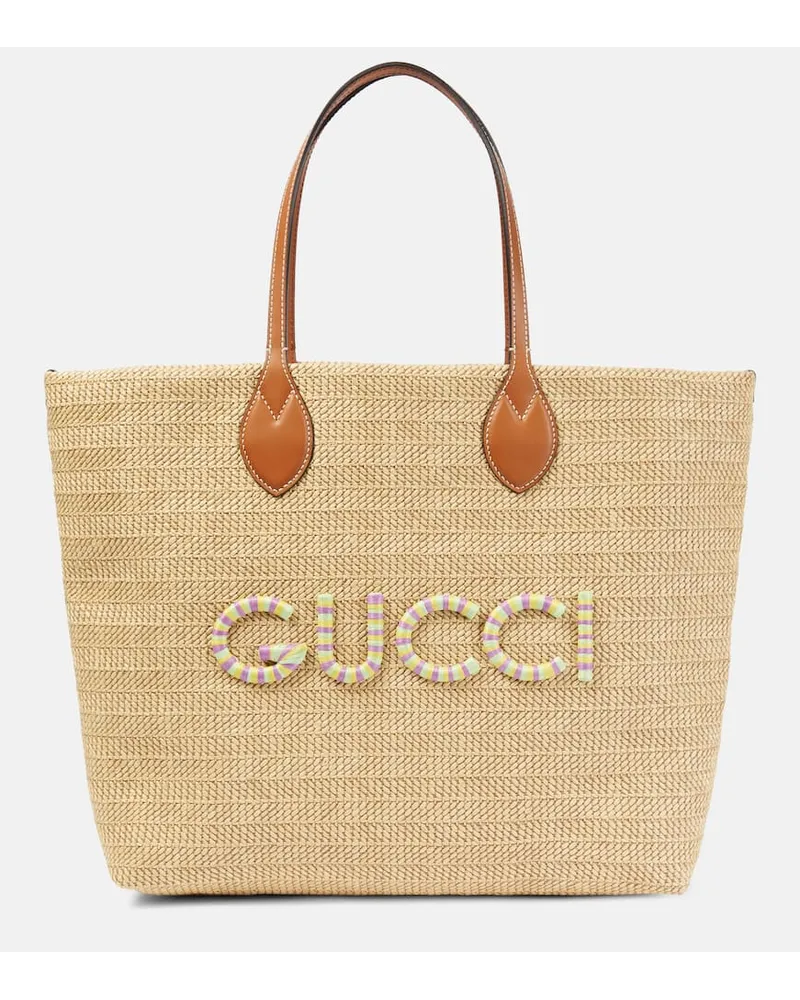 Gucci Borsa Medium effetto rafia con logo Beige