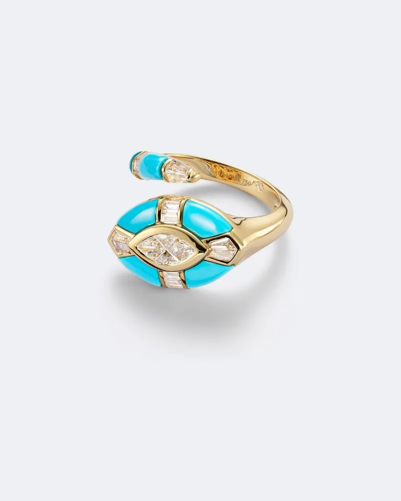 SHAY Anello Riviera in oro 18kt con diamanti e turchesi Oro